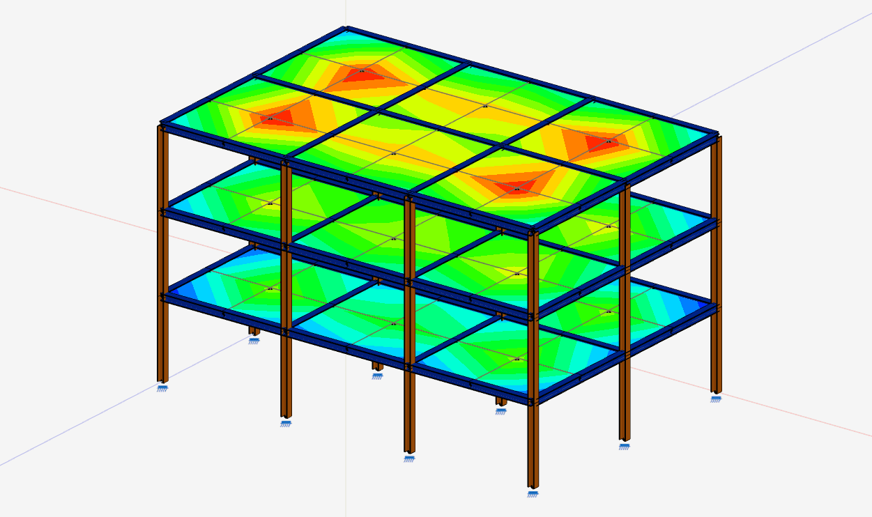 Verification model with frame members and slab result contours